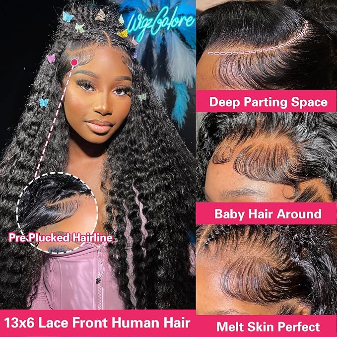 30 Inch Deep Wave Lace Front Wigs Human Hair 13x6 Hd Lace Front Wigs 180% Density For Women Wet And Wavy Glueless Wigs Pre Plucked With Baby Hair Deep Curly Wig Natural Black Color