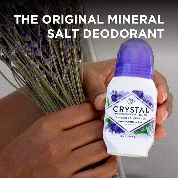 CRYSTAL Deodorant Aluminum Free Mineral Deodorant Roll-On for Women & Men, Lavender & White Tea - Paraben Free - Certified Cruelty Free & Vegan Deodorant - Prevents Odor Up to 24 Hours ,2.25 Fl Oz (Pack of 3),21661-3