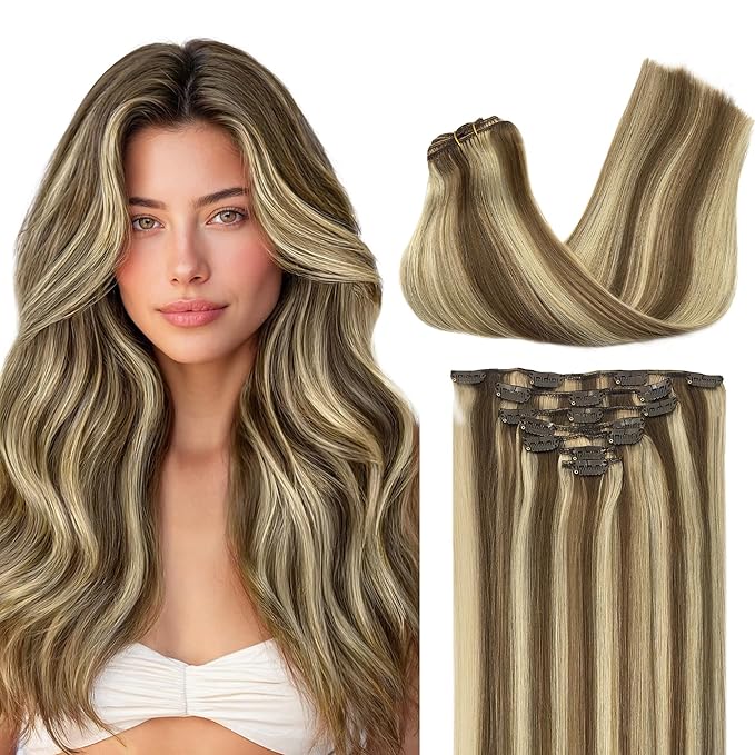 GOO GOO Clip in Hair Extensions Real Human Hair, Remy Human Hair Extensions Clip ins for Women, Natural Human Hair, 26 Inch 180g 7Pcs, 8A/22 Medium Brown Highlighted Golden Blonde