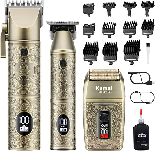 Kemei Professional Hair Clippers for Men, Beard Trimmer, Electric Shaver for Men, 3 in 1 Barber Clipper Kit LCD Display, Gift Sets