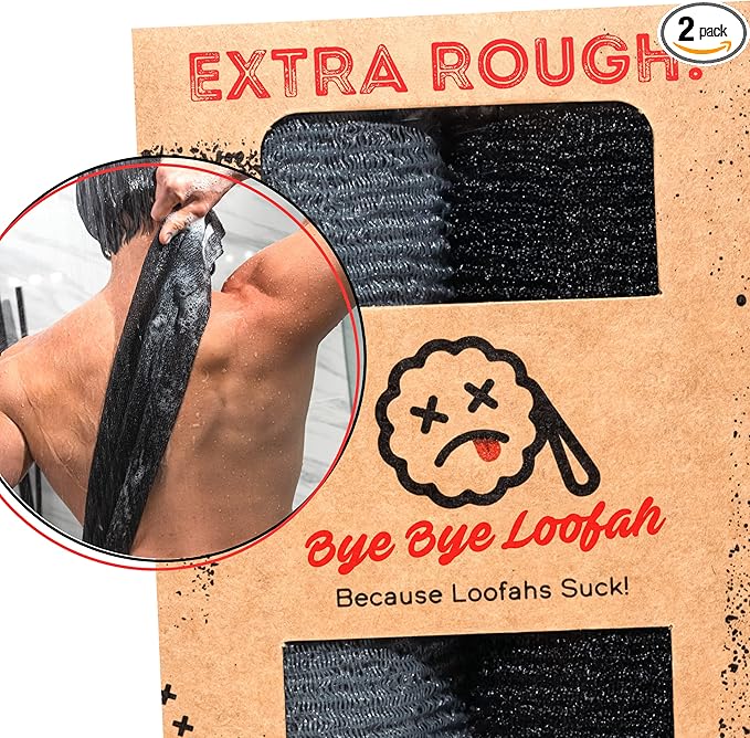 Extra Rough Exfoliating Washcloth - Extreme Body & Back Scrubber for Shower, Extra Long, Hygienic Exfoliator Wash Cloth, Men Or Women, 2 Count Pack, 1 Black & 1 Grey Color, Bye Bye Loofah