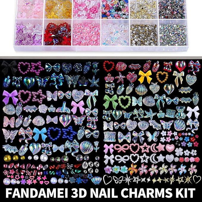 FAMDAMEI 24 Grid Nail Charms, Nail Art Kit with Multi Shapes Nail Charms and Gems, Flatback AB Nail Rhinestones Gold Nail Pearls, Charms Y2K for Nails, 3D Hawaii Flowers Nail Jewels for Nail Design
