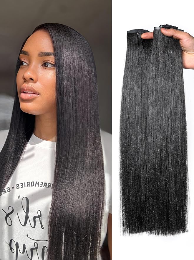 LUVME Yaki Straight LUVME Seamless 2 Pack 220g 14Pcs Clip in Hair Extensions Full Max with 16inch Remy Human Hair Extensions, Natural Black 100% Real Soft Human Hair