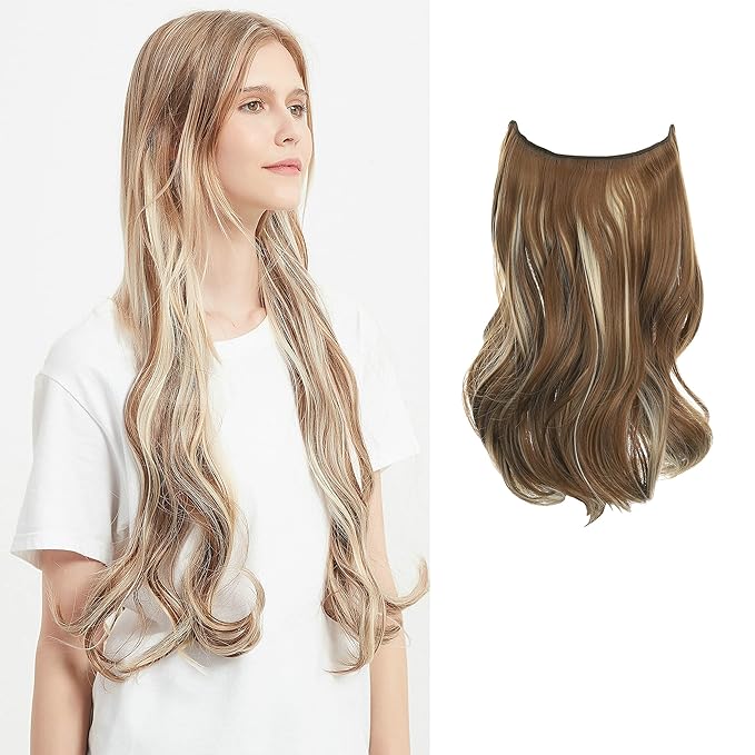 Invisible Wire Hair Extensions Transparent Wire Adjustable Size 4 Secure Clips Long Wavy Curly Secret Hairpiece 14 Inch for Women
