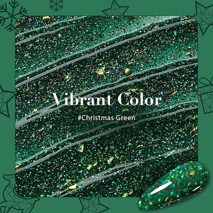 AZUREBEAUTY Christmas Nail Polish Quick Dry Green Glitter Nail Polish Natural Shine Nail Lacquer Salon-Quality for Women Girl Gift Set 1Pcs 0.34 fl oz