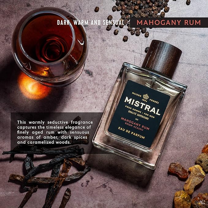 Mistral Men’s Cologne – Mahogany Rum Eau de Parfum | Warm, Spicy & Earthy Masculine Fragrance with Patchouli, Amber & Cedarwood | Cruelty-Free & Long-Lasting Perfume for Men, Made in France - 3.4 Oz