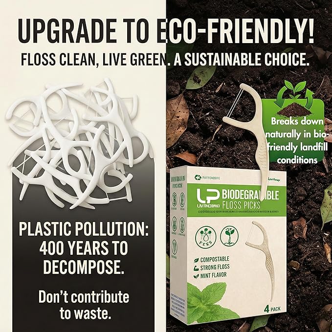 Plant Based Naturally Mint Infused Floss Picks(220pcs) with Travel Case | Biodegradable Straw Wheat Handle | Thin Single Thread Flosser, Shred-Resistant- Easy Glide for Plaque Removal & Gentle on Gum