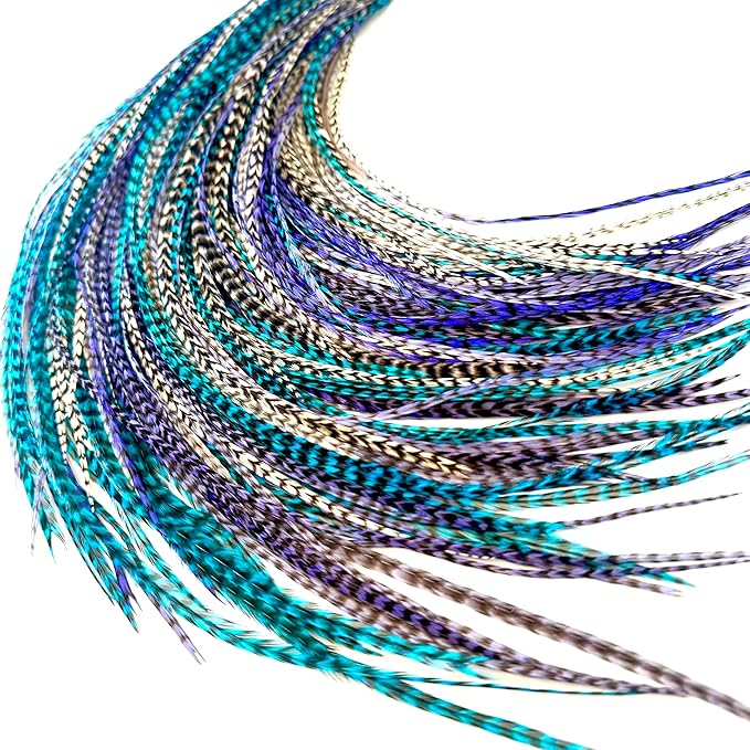 21 Purple, White & Turquoise Grizzly Hair Extensions – 9”–14” Long – DIY Rooster Kit with 20 Micro-Link Beads – 100% Real Feathers – Eye-Catching Boho Style