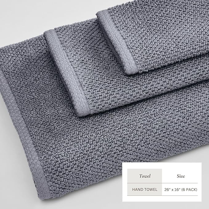 Great Bay Home 100% Cotton 6 Pack 26x16 Hand Towel Set - Absorbent, Quick-Drying, Durable Towels for Bathroom Decor - Low-Twist, Two-Ply Fibers (Chambray Blue)