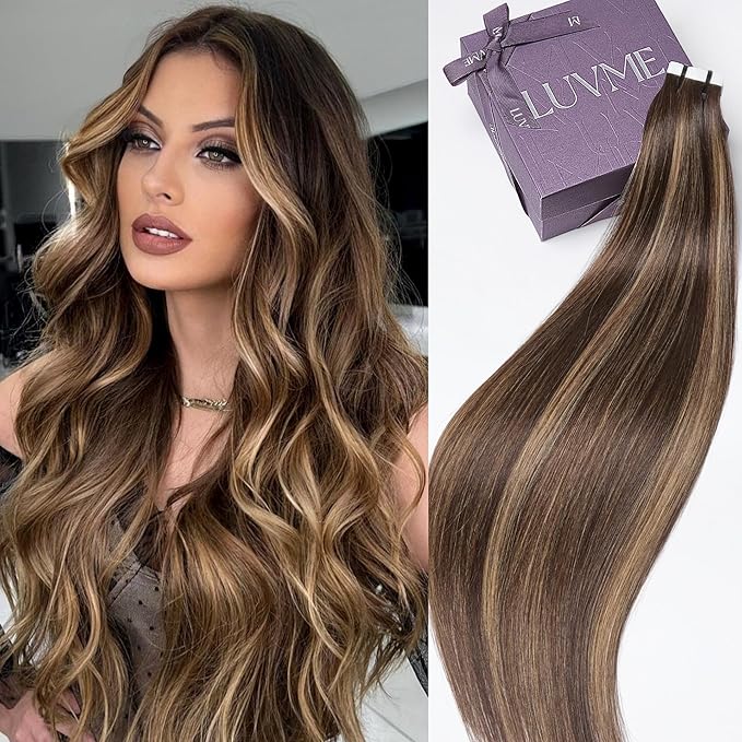 LUVME Invisible Tape in Hair Extensions Human Hair 22 Inch 50g 20pcs Chocolate Caramel Highlight Straight Double Sided Seamless Tape Extensions