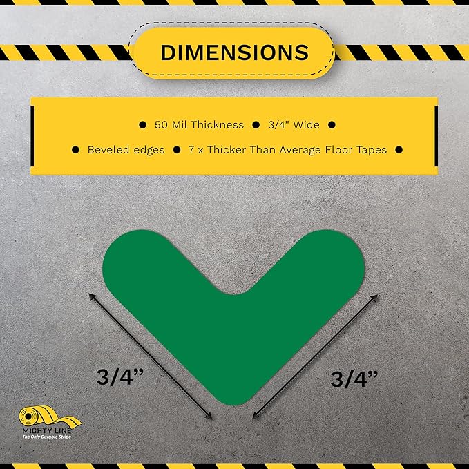Mighty Line 3/4" Wide Solid Mini Corner Marker Floor Marking Tape, Heavy-Duty, Peel and Stick, Adhesive, Industrial Quality, Green, Pack of 108