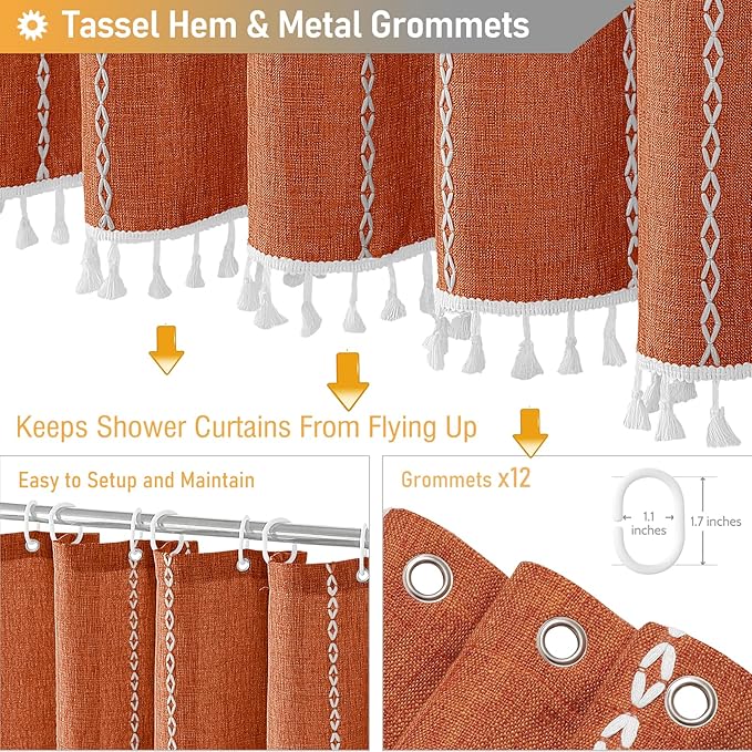 BTTN Boho Farmhouse Shower Curtain - Linen Rustic Heavy Duty Striped Fabric Shower Curtain Set with Tassel, Bohemian Vintage Country Cloth Shower Curtains for Bathroom，Orange，72"W x 84"L (Pack of 1)