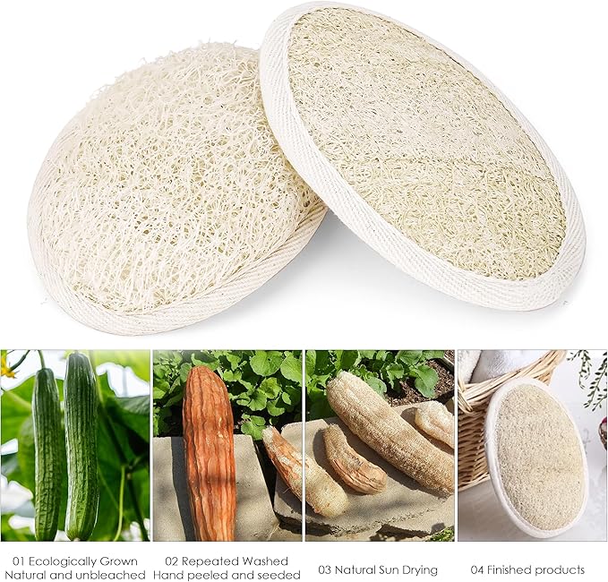 Natural Loofah Sponge, 2 Pack Exfoliating Body Scrubber for Shower, Organic Biodegradable Bath Luffa with Thin/Thick Textures, Eco-Friendly Body Exfoliator for Men & Women, Hanging Rope