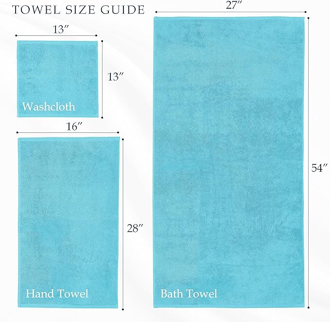 Mocassi Luxury 100% Turkish Cotton 6-Piece Towel Set - Ultra Soft, Quick Dry Highly Absorbent Premium Spa Hotel Quality Bath Towels, Includes 2 Bath Towels, 2 Hand Towels and 2 Washcloths, Aqua