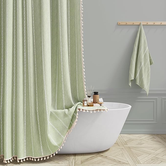 BTTN Boho Farmhouse Shower Curtain - Linen Rustic Heavy Duty Striped Fabric Shower Curtain Set, Bohemian Vintage Country Cloth Shower Curtains for Bathroom, Sage Green, 72" W x 84" L (Pack of 1)