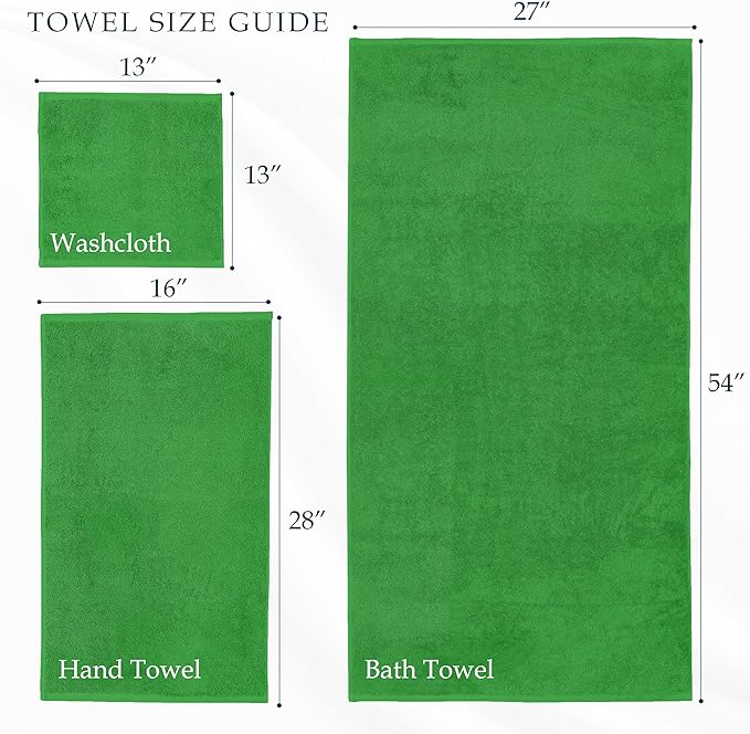 Mocassi Luxury 100% Turkish Cotton 6-Piece Towel Set -Ultra Soft, Quick Dry Highly Absorbent Premium Spa Hotel Quality Bath Towels,Includes 2 Bath Towels, 2 Hand Towels and 2 Washcloths, Emerald Green