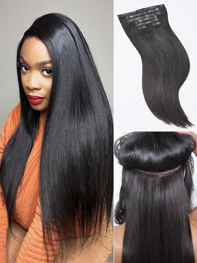 LUVME Yaki Straight Seamless 2 Pack 220g 14Pcs Clip in Hair Extensions Full Max with 24inch Remy Human Hair Extension, Natural Black 100% Real Soft Hair