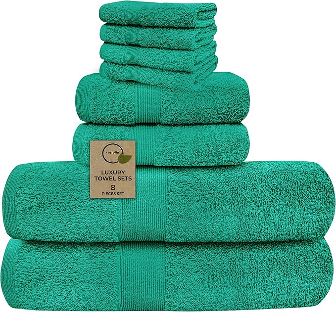 Softolle Luxury 8 Piece Towel Set, 2 Bath Towels 2 Hand Towels 4 Washcloths, Towels for Bathroom, Home, Spa & Gym - Highly Absorbent (Sea Green)