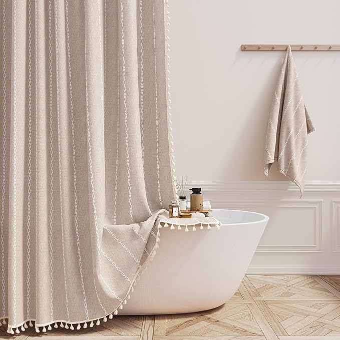 BTTN Stall Shower Curtain - 60x72 Narrow Boho Farmhouse Linen Vintage Striped Fabric Shower Curtain Set with 10 Hooks, Bohemian Cottage Decorative Heavy Duty Shower Curtains for Bathroom - Tan/Taupe