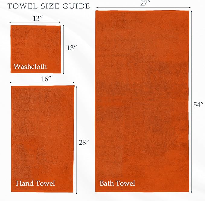 Mocassi Luxury 100% Turkish Cotton 6-Piece Towel Set - Ultra Soft, Quick Dry Highly Absorbent Premium Spa Hotel Quality Bath Towels, Includes 2 Bath Towels, 2 Hand Towels and 2 Washcloths, Orange